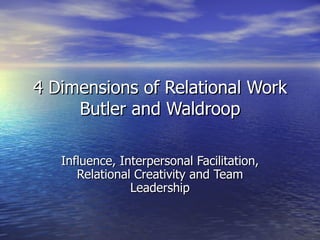 4 Dimensions of Relational Work Butler and Waldroop Influence, Interpersonal Facilitation, Relational Creativity and Team Leadership 