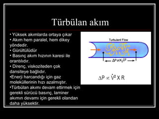 Türbülan akım
• Yüksek akımlarda ortaya çıkar
• Akım hem paralel, hem dikey
yöndedir.
• Gürültülüdür
• Basınç akım hızının karesi ile
orantılıdır.
• Direnç, viskoziteden çok
dansiteye bağlıdır.
•Enerji harcandığı için gaz
moleküllerinin hızı azalmıştır.
•Türbülan akımı devam ettirmek için
gerekli sürücü basınç, laminer
akımın devamı için gerekli olandan
daha yüksektir.
 