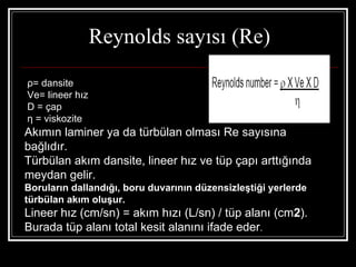 Reynolds sayısı (Re)
ρ= dansite
Ve= lineer hız
D = çap
η = viskozite
Akımın laminer ya da türbülan olması Re sayısına
bağlıdır.
Türbülan akım dansite, lineer hız ve tüp çapı arttığında
meydan gelir.
Boruların dallandığı, boru duvarının düzensizleştiği yerlerde
türbülan akım oluşur.
Lineer hız (cm/sn) = akım hızı (L/sn) / tüp alanı (cm2).
Burada tüp alanı total kesit alanını ifade eder.
 
