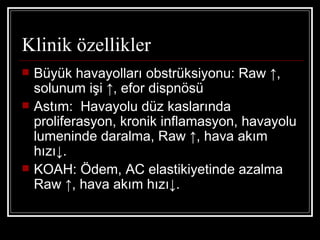 Klinik özellikler
   Büyük havayolları obstrüksiyonu: Raw ↑,
    solunum işi ↑, efor dispnösü
   Astım: Havayolu düz kaslarında
    proliferasyon, kronik inflamasyon, havayolu
    lumeninde daralma, Raw ↑, hava akım
    hızı↓.
   KOAH: Ödem, AC elastikiyetinde azalma
    Raw ↑, hava akım hızı↓.
 