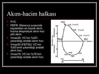 Akım-hacim halkası
   FVC                                                                         PEFR
                                                                                            %25 Vmax25
   PEFR: Manevra sırasında                                              10
    kaydedilen en büyük akım




                                                           Ekspirasyon
                                                                                                   %50   Vmax50
    hızına ekspiratuar akım hızı
                                                                         5
    piki denir.                                                                                           %75 Vmax75




                                              Akım Hızı, L/sn
   Vmax25: VC’nin %25’i                                                      TLC                                   RV
    çıkarıldığı andaki akım hızı.                                                                                    Volüm, L

   Vmax50 (FEF50): VC’nin


                                    İnspirasyon
    %50’sinin çıkarıldığı andaki                                         5
    akım hızı.
                                                                                            PIFR         %25
   Vmax75: VC’nin %75’inin                                                           %75
                                                                                              %50
    çıkarıldığı andaki akım hızı.                                        10
                                                                               TLC                             RV
                                                                                100                             0
 
