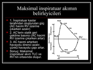 Maksimal inspiratuar akımın
               belirleyicileri
   1. İnspiratuar kaslar                                                    PEFR

    tarafından oluşturulan güç                                        10
                                                                                         %25

    (AC hacmi RV üzerine




                                                        Ekspirasyon
    çıkarken azalır)                                                                            %50


   2. AC’lerin statik geri                                           5
                                                                                                      %75




                                           Akım Hızı, L/sn
    çekilme basıncı (AC hacmi                                              TLC
    RV üzerine çıkarken artar)                                                                                   RV
                                                                                                                  Volüm, L

   3. AC hacmi artarken

                                 İnspirasyon
    havayolu direnci azalır,                                          5
    çünkü havayolu çapı artar.
                                                                                         PIFR
   Sonuç: Maksimal                                                                %75
                                                                                                      %25

    inspiratuar akım TLC ve                                           10
                                                                            TLC
                                                                                           %50
                                                                                                            RV
    RV’nin ortasında oluşur.                                                 100                             0
 