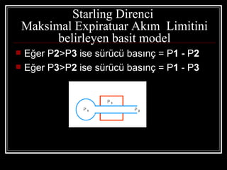 Starling Direnci
    Maksimal Expiratuar Akım Limitini
          belirleyen basit model
   Eğer P2>P3 ise sürücü basınç = P1 - P2
   Eğer P3>P2 ise sürücü basınç = P1 - P3
 