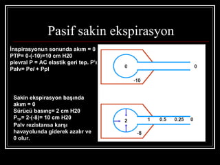 Pasif sakin ekspirasyon
İnspirasyonun sonunda akım = 0
PTP= 0-(-10)=10 cm H20
plevral P = AC elastik geri tep. P’ı
Palv= Pel + Ppl




 Sakin ekspirasyon başında
 akım = 0
 Sürücü basınç= 2 cm H20
 PTP= 2-(-8)= 10 cm H20
 Palv rezistansa karşı
 havayolunda giderek azalır ve
 0 olur.
 