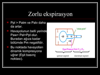 Zorlu ekspirasyon
   Ppl > Patm ve Palv daha
    da artar.
   Havayolunun belli yerinde
    Paw= Pel=Ppl olur.
    Buradan ağıza kadar
    bölümde Pm negatifdir.
   Bu noktada havayolları
    dinamik kompresyona
    uğrar (Eşit basınç
    noktası).
 