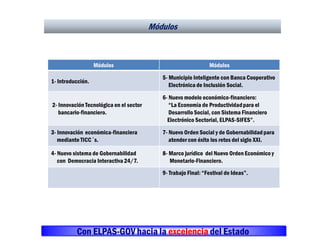 Módulos Módulos
1- Introducción.
5- Municipio Inteligente con Banca Cooperativo
Electrónica de Inclusión Social.
2- Innovación Tecnológica en el sector
bancario-financiero.
6- Nuevo modelo económico-financiero:
“La Economía de Productividadpara el
Desarrollo Social, con Sistema Financiero
Electrónico Sectorial, ELPAS-SIFES”.
3- Innovación económica-financiera
mediante TICC´s.
7- Nuevo Orden Social y de Gobernabilidadpara
atender con éxito los retos del siglo XXI.
4- Nuevo sistema de Gobernabilidad
con Democracia Interactiva 24/7.
8- Marco jurídico del Nuevo Orden Económico y
Monetario-Financiero.
9- Trabajo Final: “Festival de Ideas”.
Módulos
Con ELPAS-GOV hacia la excelencia del Estado
 