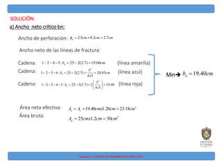 Capitulo IV: DISEÑO DE MIEMBROS A TRACCIÓN
SOLUCIÓN:
a) Ancho neto crítico bn:
Ancho de perforación: 2.5 0.2 2.7
p cm cm cm
   
Ancho neto de las líneas de fractura:
Cadena: 1 2 4 5: 25 2(2.7) 19.60
n
b cm
      (línea amarilla)
2
5
1 2 3 6: 25 2(2.7) 20.85
4 5
n
b cm
x
      
Cadena: (línea azul)
2
5
1 2 3 4 5: 25 3(2.7) 2 19.40
4 5
n
b
x
 
       
 
 
(línea roja)
Cadena:
Min
Área neta efectiva: 2
19.40 1.20 23.18
n e
A A cmx cm cm
  
Área bruta: 2
25 1.2 30
g
A cmx cm cm
 
19.40
n
b cm

 