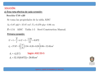 Capitulo IV: DISEÑO DE MIEMBROS A TRACCIÓN
SOLUCIÓN:
a) Área neta efectiva de cada conexión:
Primera conexión:
1.54
1 1 0.872
12
X
U U
l
     
2
5
37.87 3 2.54 0.20 0.20 0.96 32.45
8
n
A cm
 
 
    
 
 
 
 
 
  2
32.15 0.872 28.03
e n
e
A A U
A cm

 
Según: AISC D3-5
 