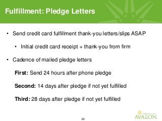 28
• Send credit card fulfillment thank-you letters/slips ASAP
• Initial credit card receipt + thank-you from firm
• Cadence of mailed pledge letters
First: Send 24 hours after phone pledge
Second: 14 days after pledge if not yet fulfilled
Third: 28 days after pledge if not yet fulfilled
Fulfillment: Pledge Letters
 