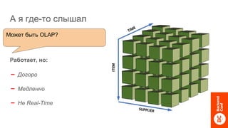 А я где-то слышал
Работает, но:
➖ Догоро
➖ Медленно
➖ Не Real-Time
Может быть OLAP?
 