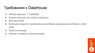 Требования к DataHouse
● Объем данных: 1 Терабайт
● Сырые данные (не нужны индексы)
● Вся сила SQL
● Большая скорость произвольной выборки (максимально близко к real
time)
● Простота входа
● Низкая стоимость эксплуатации
 