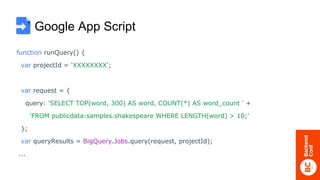 Google App Script
function runQuery() {
var projectId = 'XXXXXXXX';
var request = {
query: 'SELECT TOP(word, 300) AS word, COUNT(*) AS word_count ' +
'FROM publicdata:samples.shakespeare WHERE LENGTH(word) > 10;'
};
var queryResults = BigQuery.Jobs.query(request, projectId);
...
 