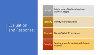 Evaluation
and Response
Build a team of technical and non
technical peopleBuild
Identify your weak pointsIdentify
Discuss “What If “ scenariosDiscuss
Develop a plan for dealing with Security
IncidentsDevelop
 