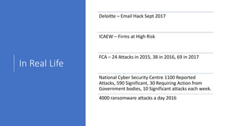 In Real Life
Deloitte – Email Hack Sept 2017
ICAEW – Firms at High Risk
FCA – 24 Attacks in 2015, 38 in 2016, 69 in 2017
National Cyber Security Centre 1100 Reported
Attacks, 590 Significant, 30 Requiring Action from
Government bodies, 10 Significant attacks each week.
4000 ransomware attacks a day 2016
 