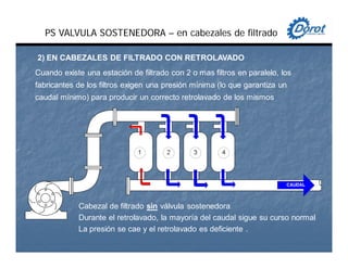 Cabezal de filtrado sin válvula sostenedora
Durante el retrolavado, la mayoría del caudal sigue su curso normal
La presión se cae y el retrolavado es deficiente .
Cuando existe una estación de filtrado con 2 o mas filtros en paralelo, los
fabricantes de los filtros exigen una presión mínima (lo que garantiza un
caudal mínimo) para producir un correcto retrolavado de los mismos
PS VALVULA SOSTENEDORA – en cabezales de filtrado
2) EN CABEZALES DE FILTRADO CON RETROLAVADO
 