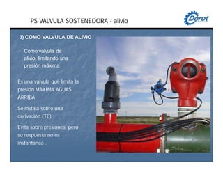 PS VALVULA SOSTENEDORA - alivio
Es una válvula que limita la
presión MAXIMA AGUAS
ARRIBA
Se instala sobre una
derivación (TE)
Evita sobre presiones, pero
su respuesta no es
instantanea .
Como válvula de
alivio, limitando una
presión máxima
3) COMO VALVULA DE ALIVIO
 