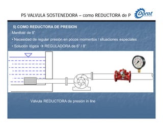 PS VALVULA SOSTENEDORA – como REDUCTORA de P
Válvula REDUCTORA de presión in line
Manifold de 8”
• Necesidad de regular presión en pocos momentos / situaciones especiales
• Solución lógica REGULADORA de 6” / 8”
5) COMO REDUCTORA DE PRESION
 