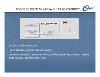 VALVULAS EN DERIVACION
• son instaladas sobre una TE o derivación.
• se busca mantener 1 parámetro hidráulico constante: P aguas abajo / P aguas
arriba / caudal / apertura-cierre / etc.
DONDE SE INSTALAN LAS VALVULAS DE CONTROL?
 