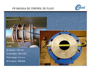 Ejemplo
DATA:
Ø tubería: 150 mm
Q de seteo: 180 m3/h
Perd carga: 3 m.c.a.
Ø int placa: 116 mm
FR VALVULA DE CONTROL DE FLUJO
 