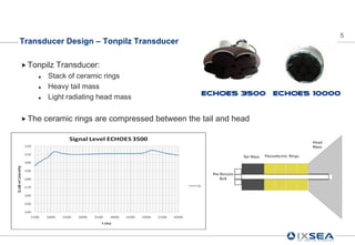 5
Transducer Design – Tonpilz Transducer

 Tonpilz   Transducer:
        Stack of ceramic rings
        Heavy tail mass
                                                 ECHOES 3500     ECHOES 10000
        Light radiating head mass


 The   ceramic rings are compressed between the tail and head
 