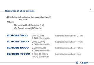 9
Resolution of Chirp systems

 Resolution   is function of the sweep bandwidth
                R=C/2*B
 Where
       • B= bandwidth of the pulse (Hz)
       • C= Sound speed (1470 m/s)
 