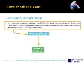 Sergi Meseguer Costa Àrea de Cristal·lografia i Mineralogia-Departament de Ciències Agràries i del Medi Natural
4 INTENSITAT DE LES OBSERVACIONS
 Un conjunt de propietats repetides en els sòls d’un espai determinat permet definir una
classe de sòls, unitat que tindrà representació o no en el mapa depenent de l’escala d’aquest i
de l’extensió ocupada per la unitat establerta.
MAPES DETALLATS
Delineació
o Polígon
 