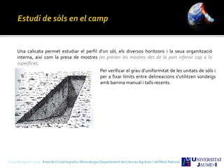 Sergi Meseguer Costa Àrea de Cristal·lografia i Mineralogia-Departament de Ciències Agràries i del Medi Natural
Una calicata permet estudiar el perfil d’un sòl, els diversos horitzons i la seua organització
interna, així com la presa de mostres (es prenen les mostres des de la part inferior cap a la
superfície).
Per verificar el grau d’uniformitat de les unitats de sòls i
per a fixar límits entre delineacions s’utilitzen sondeigs
amb barrina manual i talls recents.
 