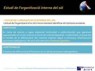Sergi Meseguer Costa Àrea de Cristal·lografia i Mineralogia-Departament de Ciències Agràries i del Medi Natural
HORITZONS
Es tracta de volums o capes disposició horitzontal o subhoritzontal, que apareixen
superposades en un sòl, si bé no es tracta de material depositat o sedimentat, sinó que són
el resultat de la diferenciació del material originari degut a processos d’horitzonació
(processos edafogènics). Per això se’ls denomina horitzons genètics.
8 ESTUDI DE L’ORGANITZACIÓ INTERNA DEL SÒL
L’estudi de l’organització d’un sòl s’inicia intentant identificar els hortizons existents.
HORITZONACIÓ
Processos de diferenciació d’horitzons en un sòl per processos edafogenètics.
 