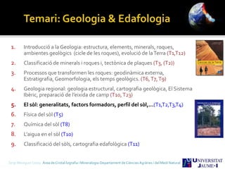 1. Introducció a la Geologia: estructura, elements, minerals, roques,
ambientes geològics (cicle de les roques), evolució de laTerra (T1,T12)
2. Classificació de minerals i roques i, tectònica de plaques (T3, (T2))
3. Processos que transformen les roques: geodinàmica externa,
Estratigrafia, Geomorfologia, els temps geològics. (T6,T7,T9)
4. Geologia regional: geologia estructural, cartografia geològica, El Sistema
Ibèric, preparació de l’eixida de camp (T10,T23)
5. El sòl: generalitats, factors formadors, perfil del sòl,...(T1,T2,T3,T4)
6. Física del sòl (T5)
7. Química del sòl (T8)
8. L’aigua en el sòl (T10)
9. Classificació del sòls, cartografia edafològica (T11)
Sergi Meseguer Costa Àrea de Cristal·lografia i Mineralogia-Departament de Ciències Agràries i del Medi Natural
 