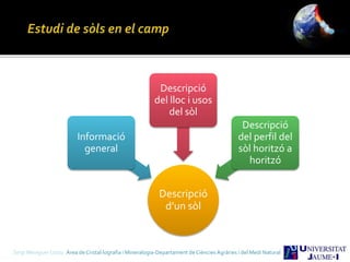 Sergi Meseguer Costa Àrea de Cristal·lografia i Mineralogia-Departament de Ciències Agràries i del Medi Natural
Descripció
d’un sòl
Informació
general
Descripció
del lloc i usos
del sòl
Descripció
del perfil del
sòl horitzó a
horitzó
 
