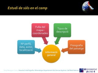 Sergi Meseguer Costa Àrea de Cristal·lografia i Mineralogia-Departament de Ciències Agràries i del Medi Natural
Informació
general
Nº perfil,
data, autor,
localització
Fulla del
mapa i
coordenades
Tipus de
descripció
Fisiografia
del paisatge
 