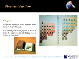  14 G2
a) Descriu aquestes dues pàgines d’una
taula de colors Munsell.
b) A quina part de la pàgina es situa el
color del fragment del sòl tallat, com el
brillantor i el croma?
Sergi Meseguer Costa Àrea de Cristal·lografia i Mineralogia-Departament de Ciències Agràries i del Medi Natural
 