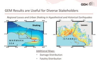 GEM Results are Useful for Diverse Stakeholders
 Regional Losses and Urban Shaking in Hypothetical and Historical Earthquakes

                       Shaking                                    Losses




                                                     ISTANBUL
  MARMARA
  SEA


                           Additional Maps:
                           ‣ Damage Distribution
                           ‣ Fatality Distribution
 