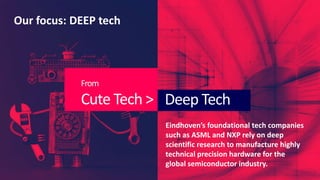 Deep Tech
From
Cute Tech >
Our focus: DEEP tech
Eindhoven’s foundational tech companies
such as ASML and NXP rely on deep
scientific research to manufacture highly
technical precision hardware for the
global semiconductor industry.
 
