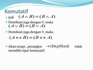 Komutatif
 Jadi
 Demikian juga dengan V, maka
 Demikian juga dengan V, maka
 Akan tetapi , perangkai tidak
memiliki sipat komutatif .
)()( ABBA 
)()( ABBA 
)()( ABBA 
)(Implikasi
 