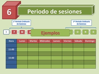 Periodo de sesiones6
E M J J A
Hora Lunes Martes Miércoles Jueves Viernes Sábado Domingo
11:00
15:00
Ejemplos
 
