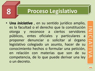 Proceso Legislativo
• Una iniciativa , en su sentido jurídico amplio,
es la facultad o el derecho que la constitución
otorga y reconoce a ciertos servidores
públicos, entes oficiales y particulares a
proponer denunciar o solicitar al órgano
legislativo colegiado un asunto, hacer de su
conocimiento hechos o formular una petición,
en relación con materias que son de su
competencia, de lo que puede derivar una ley
o un decreto.
8
INICIATIVA
 