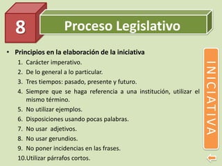 Proceso Legislativo
• Principios en la elaboración de la iniciativa
1. Carácter imperativo.
2. De lo general a lo particular.
3. Tres tiempos: pasado, presente y futuro.
4. Siempre que se haga referencia a una institución, utilizar el
mismo término.
5. No utilizar ejemplos.
6. Disposiciones usando pocas palabras.
7. No usar adjetivos.
8. No usar gerundios.
9. No poner incidencias en las frases.
10.Utilizar párrafos cortos.
8
INICIATIVA
 