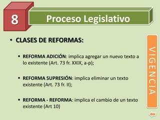 Proceso Legislativo
• CLASES DE REFORMAS:
 REFORMA ADICIÓN: implica agregar un nuevo texto a
lo existente (Art. 73 fr. XXIX, a-p);
 REFORMA SUPRESIÓN: implica eliminar un texto
existente (Art. 73 fr. II);
 REFORMA - REFORMA: implica el cambio de un texto
existente (Art 10)
8
VIGENCIA
 