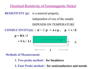 Electrical Resistivity of Ferromagnetic Nickel RESISTIVITY (  ) is a material property,  independent of size of the sample DEPENDS ON TEMPERATURE CONDUCTIVITY(  )  :    = 1/     =  n e    ,     = v / E      = RA /  l   =  VA /   I  l I Methods of Measurement:  1. Two probe method :  for Insulators 2. Four Probe method :  for semiconductors and metals l A 
