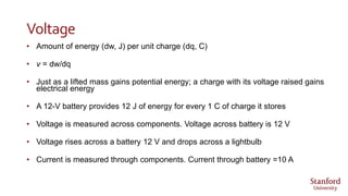 Voltage
• Amount of energy (dw, J) per unit charge (dq, C)
• v = dw/dq
• Just as a lifted mass gains potential energy; a charge with its voltage raised gains
electrical energy
• A 12-V battery provides 12 J of energy for every 1 C of charge it stores
• Voltage is measured across components. Voltage across battery is 12 V
• Voltage rises across a battery 12 V and drops across a lightbulb
• Current is measured through components. Current through battery =10 A
 