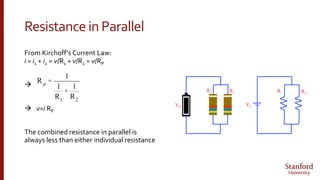 Resistancein Parallel
From Kirchoff‘s Current Law:
i = i1 + i2 = v/R1 + v/R2 = v/RP

 v=i RP
The combined resistance in parallel is
always less than either individual resistance
R p =
1
1
R1
+
1
R2
 