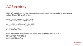 AC Electricity
With AC electricity, v, i are root-mean-square (rms) values and p is an average
value. Thus, 120 V AC is Vrms
v=Vrms=√[(Vm
2cos2wt)avg]=Vm/√2
i=Irms=√[(I2
mcos2 (wt+f))avg]=Im/√2
p=vi=VrmsIrms=Pavg
Find resistance and current for 60 W bulb powered by 120 V AC:
R=v2/p=1202/60=240 W
i=p/v=60/120=0.5 A
 