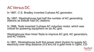 ACVersusDC
In 1887, C.S. Bradley invented 3-phase AC generator.
By 1887, Westinghouse had half the number of AC generating
stations as Edison had DC stations
In 1888, Tesla invented 3-phase AC induction motor, which was
critical for powering equipment on an AC grid.
Westinghouse then hired Tesla to improve AC grid, AC generators,
and AC motors.
In 1891, Westinghouse built first power plant (hydro) to supply AC
electricity over long distance (5.6 km) for a gold mine in Ophir, CO
 