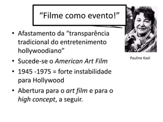 A segunda trata da interdependência da estética para com os modos de produçãoDesintegração Vertical e o Pós-FordismoCapitalismo do Pós-Segunda Guerra Mudança de um grande mercado indiferenciado de massa abastecido por um limitado número de produtos padronizados, para um mercado heterogeneo, composto por seguimentos específicos.Paramount Decrees (Lei Antitruste) – 1948Impediu com que as grandes companhias exercessem controle sobre todo o processo produtivo, fazendo-as abrir mão do setor de exibiçãoPerda do setor de exibição