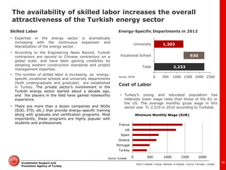 ©2013 Deloitte Türkiye. Member of Deloitte Touche Tohmatsu Limited 
Investment Support and Promotion Agency of Turkey 
Skilled Labor 
2,233 
930 
1,303 
0 
500 
1000 
1500 
2000 
2500 
Total 
Vocational School 
University 
Energy-Specific Departments in 2012 
Source: ÖSYM 
•Expertise in the energy sector is dramatically increasing with the continuous expansion and liberalization of the energy sector. 
•According to the Engineering News Record, Turkish contractors are second to Chinese contractors on a global scale, and have been gaining credibility by adopting western construction standards and project management expertise. 
•The number of skilled labor is increasing as energy- specific vocational schools and university departments (both undergraduate and graduate) are established in Turkey. The private sector’s involvement in the Turkish energy sector started about a decade ago, and the players in the field have gained noteworthy experience. 
•There are more than a dozen companies and NGOs (EÜD, ETD, etc.) that provide energy-specific training along with graduate and certification programs. Most importantly, these programs are highly popular with students and professionals. 
•Turkey’s young and educated population has relatively lower wage rates than those of the EU or the US. The average monthly gross wage in this sector was TL 2,510 in 2010 according to Turkstat. 
Cost of Labor 
0 
500 
1000 
1500 
2000 
Turkey 
Portugal 
Greece 
Spain 
UK 
France 
Minimum Monthly Wage (EUR) 
Source: Eurostat 
The availability of skilled labor increases the overall attractiveness of the Turkish energy sector 
16  