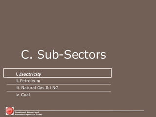 Investment Support and Promotion Agency of Turkey 
C. Sub-Sectors 
i. Electricity 
ii. Petroleum 
iii. Natural Gas & LNG 
iv. Coal  