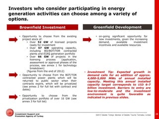 ©2013 Deloitte Türkiye. Member of Deloitte Touche Tohmatsu Limited 
Investment Support and Promotion Agency of Turkey 
Greenfield Development 
Brownfield Investment 
•on-going significant opportunity for new investments, given the increasing demand, available investment incentives and available resources 
•Opportunity to choose from the existing project stock of: 
•Over 52 GW of licensed projects ready for investment 
•Over 57 GW operating capacity, including BO/BOT/TOR contracted plants and EÜAŞ generation portfolio 
•Over 66 GW of projects in the licensing process (application, assessment or approval phases of the process, see annex 1 for technology breakdown) (figures from the end of 2012) 
•Opportunity to choose from the privatization portfolio of over 16 GW (see annex 3 for full list) 
•Opportunity to choose from the BOT/TOR contracted power plants which will be returned to public sector when their contracts expire, which will be privatized (see annex 2 for full list with contract end dates) 
•Investment Tip: Expected growth in demand calls for an addition of approx. 4,000-5,000 MWs of annual installed capacity. Meeting this annual installed capacity target corresponds to USD 6-7 billion investment. Barriers to entry are low-to-moderate and the investment environment is quite favorable as indicated in previous slides. 
26 
Investors who consider participating in energy generation activities can choose among a variety of options.  