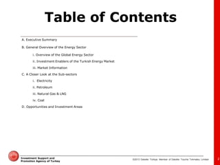 ©2013 Deloitte Türkiye. Member of Deloitte Touche Tohmatsu Limited 
Investment Support and Promotion Agency of Turkey 
A. Executive Summary 
B. General Overview of the Energy Sector 
i. Overview of the Global Energy Sector 
ii. Investment Enablers of the Turkish Energy Market 
iii. Market Information 
C. A Closer Look at the Sub-sectors 
i. Electricity 
ii. Petroleum 
iii. Natural Gas & LNG 
iv. Coal 
D. Opportunities and Investment Areas 
Table of Contents 
2  