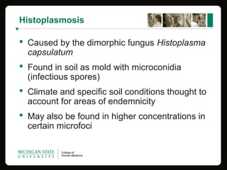 Histoplasmosis
 Caused by the dimorphic fungus Histoplasma
capsulatum
 Found in soil as mold with microconidia
(infectious spores)
 Climate and specific soil conditions thought to
account for areas of endemnicity
 May also be found in higher concentrations in
certain microfoci
 